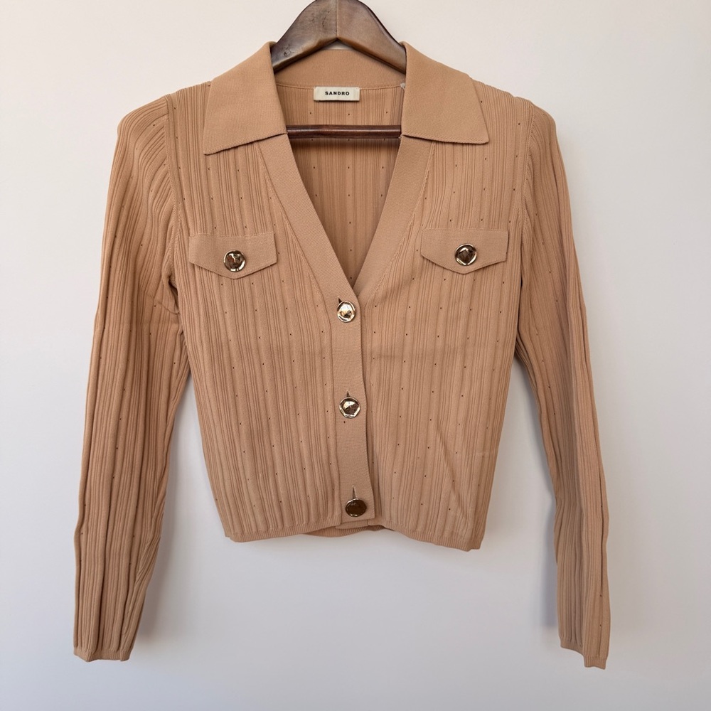 Sandro Tan Ribbed Button-Up Blazer Jacket